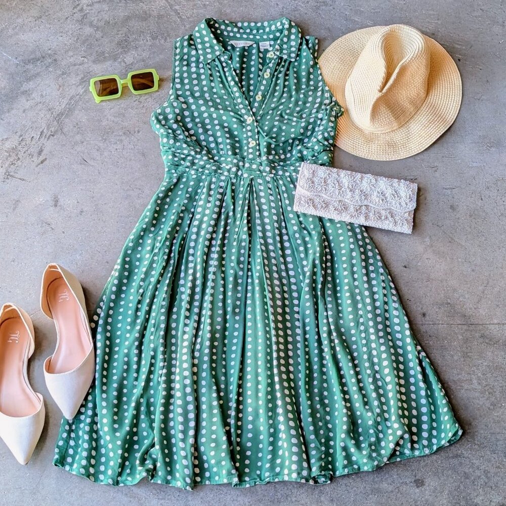 Anthropologie 11-1 Tylho Brynn Shirtdress Green Polka Dot Sleeveless Dress XS